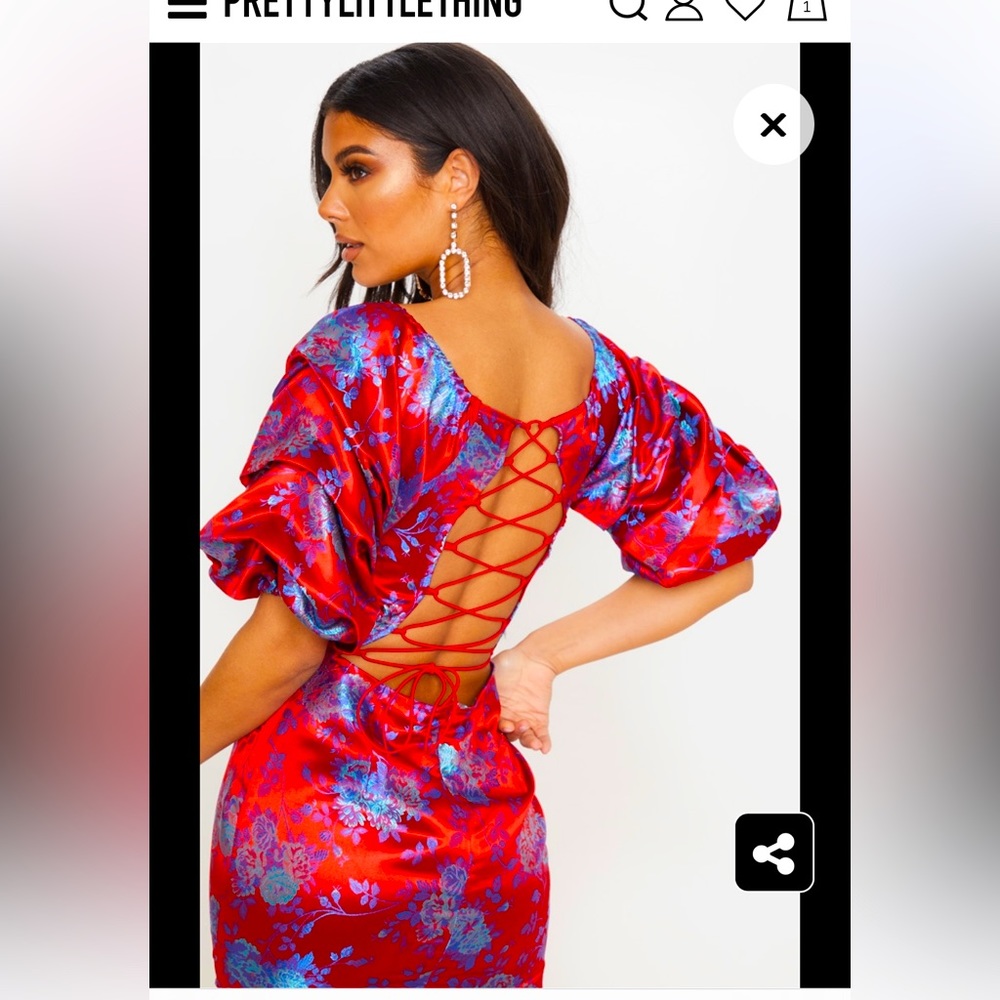 Red Floral jacquard lace up back midi dress